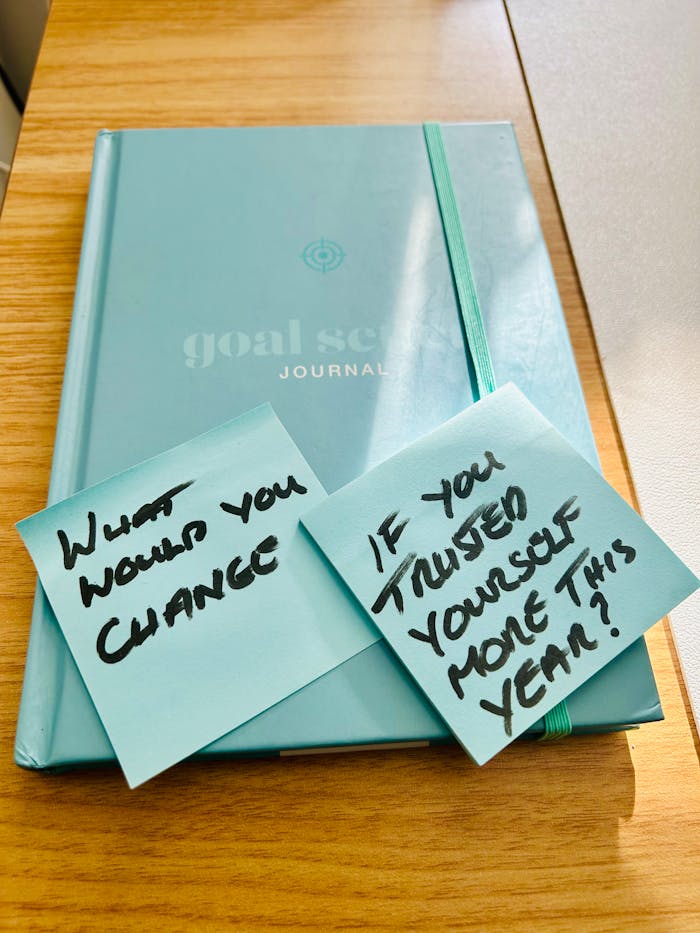 A teal goal setting journal with motivational sticky notes prompting reflection and self-trust.