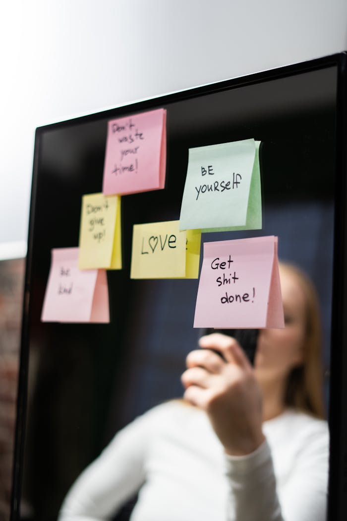 Colorful sticky notes with motivational messages on a mirror reflection.